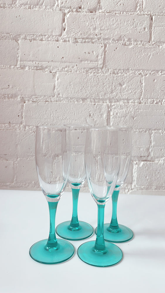 Vintage 80's Teal Stemmed Champagne Flutes