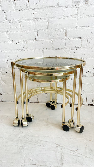 Vintage Brass and Smoked Glass Nesting Tables