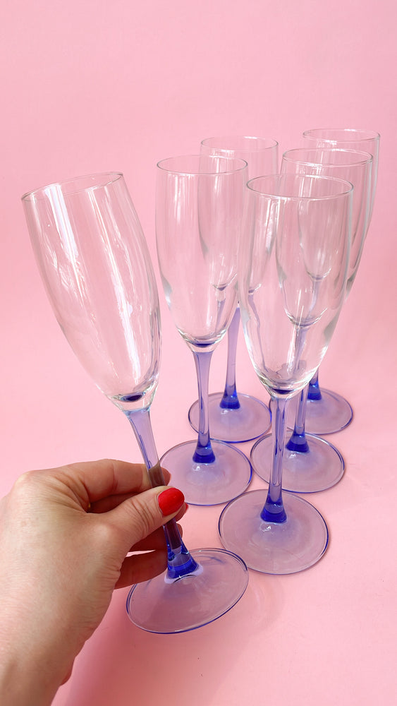 Vintage Blue Stemmed Champagne Flutes