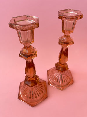 Vintage Pink Depression Glass Candle Holders