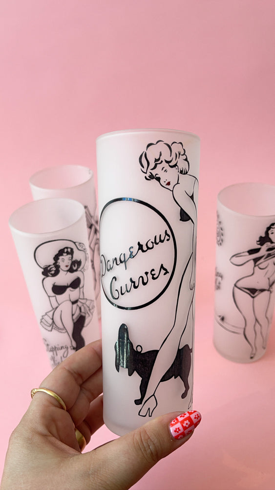 Vintage Frosted Pinup Girl Highball Glasses