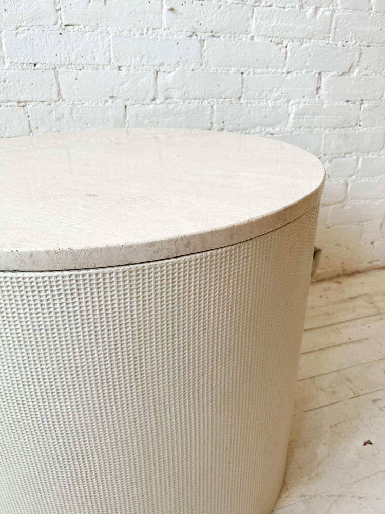 Travertine & Grasscloth Drum Table