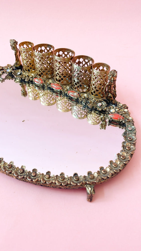 Vintage 1950's Brass Filigree Mirror and Lipstick Holder