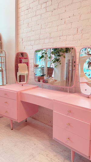 pink vintage dressing table Hand Painted French Style Dressing Table With Stool: Olympus Pink, Champagne Trim