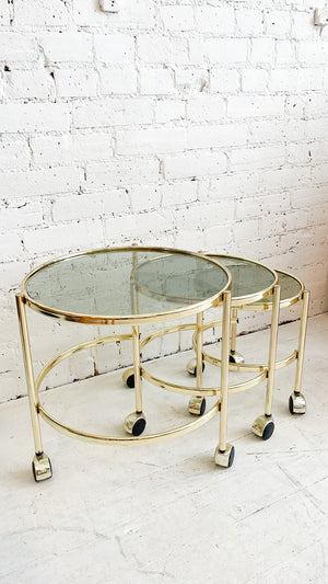 Vintage Brass and Smoked Glass Nesting Tables