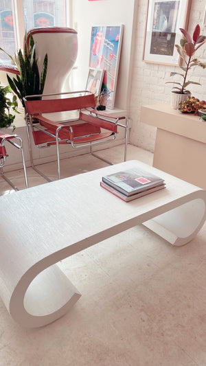 Karl Springer Style Grasscloth Scroll Coffee Table