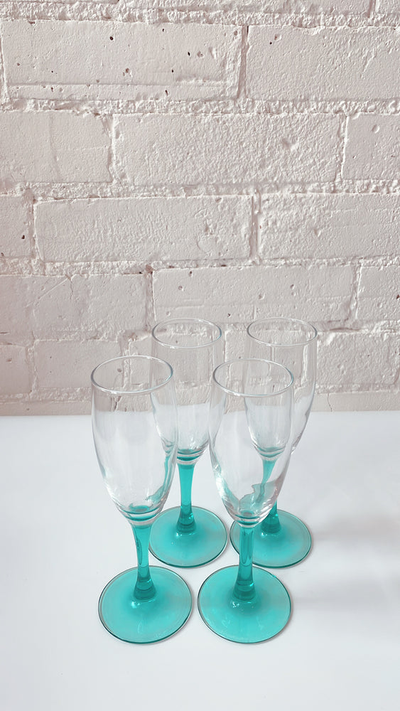 Vintage 80's Teal Stemmed Champagne Flutes