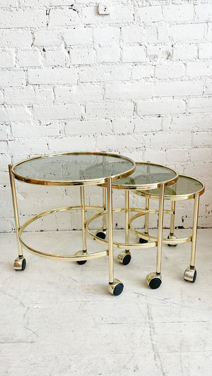 Vintage Brass and Smoked Glass Nesting Tables