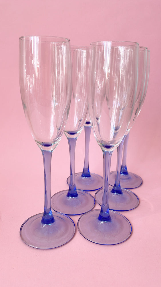 Vintage Blue Stemmed Champagne Flutes