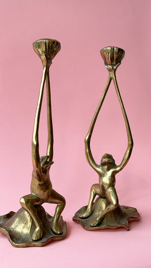 Vintage Frog Lily Pad Candlesticks