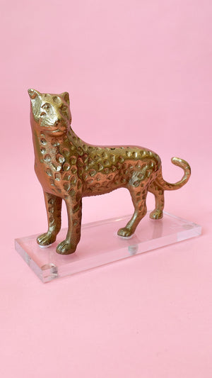 Vintage Brass Cheetah on Lucite Stand