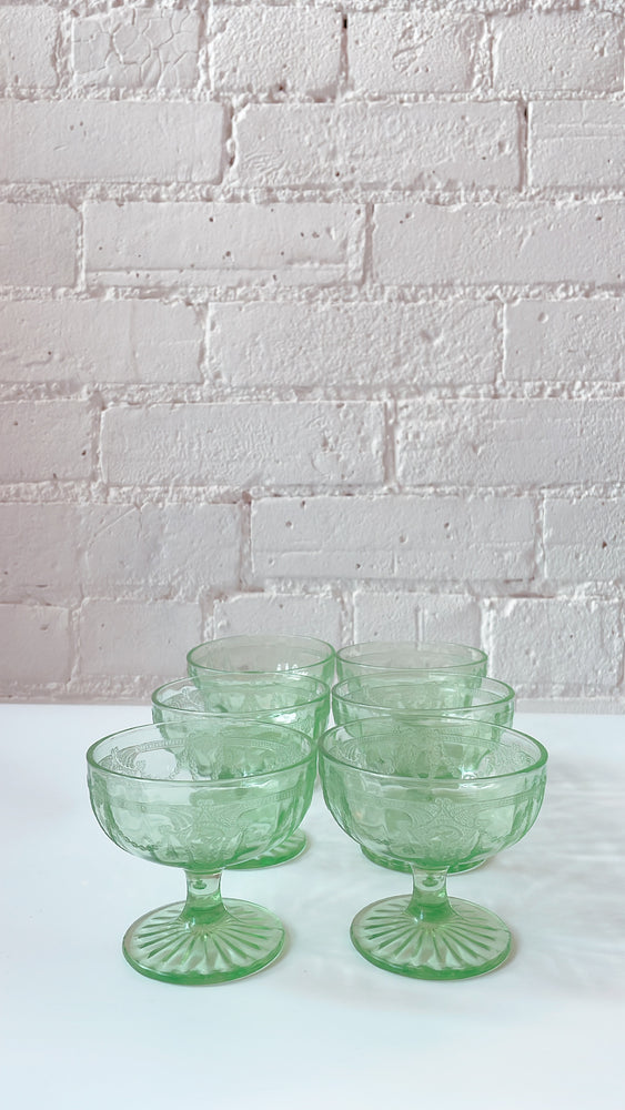 Vintage 1930's Anchor Hocking Green Depression Glass Coupes